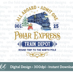 Imágenes prediseñadas de Polar Express, tren navideño 2024, tren azul, vacaciones de Navidad, diseño de camiseta PNG, boleto de tren, diseño de tarjeta, imagen de sublimación