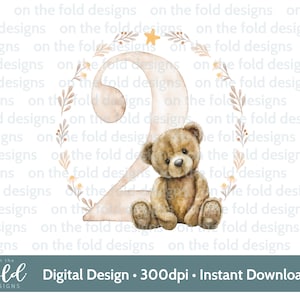 Teddy Bear, Number 2, Balloons, 2nd Birthday, Clipart, Sublimation. PNG. Instant Digital Download, Neutral Colours, On the Fold Designs