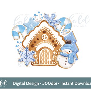 Maison en pain d'épice Noël bonhomme de neige Cookie bleu PNG instantané numérique clipart téléchargement sublimation carte conception boule impression souvenir artisanat