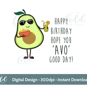 Avocado verjaardag transparante clipart met directe download, ideaal om te gebruiken bij het personaliseren van je eigen verjaardagskaarten en cadeaus