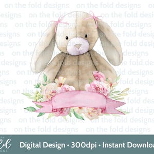 Lapin rose Clipart bannière aquarelle florale PNG Téléchargement numérique instantané Vêtements de bébé Carte Design Impression par sublimation Impression UVDTF
