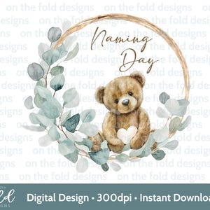 Clipart del giorno del nome Orsacchiotto Battesimo Battesimo Comunione Croce PNG Sublimazione Carta Gilet Design Oro Eucalipto Trasparente Download
