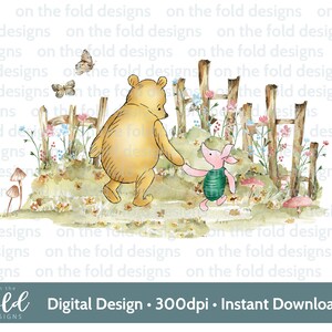 Classic Winnie the Pooh Woodland baby Clipart, Cute image, wild flowers, transparent clipart download, sublimation print watercolor graphic