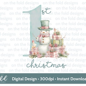 1er Noël bonhomme de neige cadeaux rose menthe PNG téléchargement clipart numérique instantané pour sublimation carte conception babiole impression pj souvenir artisanat