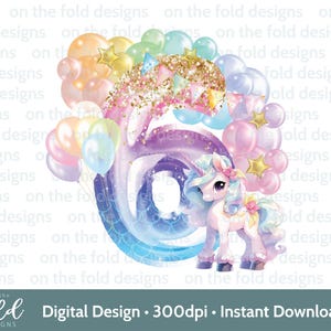 Eenhoorn ballon 6e verjaardag nummer zes aquarel clipart 6 pastel PNG meisje print transparante achtergrond, sublimatie, sticker ballonnen UVDTF
