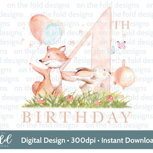 Volpe e coniglio, download png, sfondo trasparente, 4° compleanno, ricordo clipart, design a sublimazione, download digitale, creazione di carte
