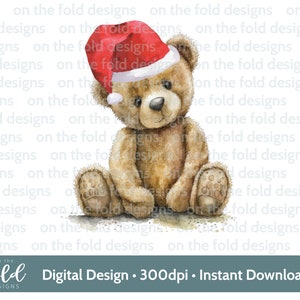 Orsacchiotto di Natale, Buon Natale, Cappello di Babbo Natale, PNG download istantaneo di clipart digitali, vestiti per bambini, design di biglietti di Natale, sublimazione, creazione di biglietti