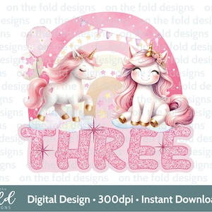 Licorne arc-en-ciel trois PNG Transparent Clipart Design fille 3e anniversaire Girly Glitter Image sublimation impression fabrication de cartes téléchargement immédiat