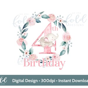 Conception de sublimation de guirlande de fleurs d'éléphant rose pour le 4e anniversaire PNG fond transparent en téléchargement numérique, artisanat pour les petites entreprises