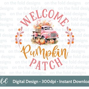 Bienvenido al letrero rosa de Pumpkin Patch para Halloween, clipart digital PNG, descarga de arte de pared, diseño de tarjeta, regalo, impresión por sublimación, decoración de pared
