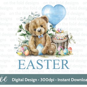 Clipart nounours de Pâques 1ère Pâques aquarelle PNG Clipart numérique instantané bébé gilet carte ballon rose gilet de Pâques impression par sublimation UVDTF
