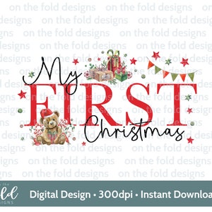 Primo orsacchiotto di Natale, Buon Natale, Cappello da Babbo Natale, download di clipart digitali PNG, vestiti per bambini, design di cartoline di Natale, sublimazione, creazione di cartoline