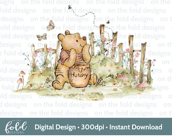 May include: A watercolor illustration of Winnie the Pooh, a honey pot, and a wooden fence. Pooh is sitting on a grassy hill with a pot of honey in his paws. The background is a watercolor wash of green and brown.