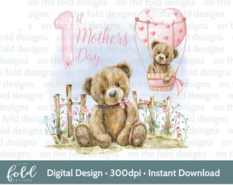 Teddy Bear 1st Mothers Day Clipart, Flower Garden Balloon (PNG Digital Download)