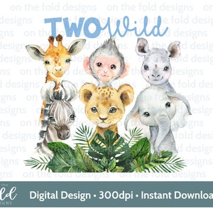 DOIS animais safari selvagens png, flores cor de rosa, sublimação, clipart transparente, download instantâneo, presentes de segundo aniversário, festa safari, segundo aniversário