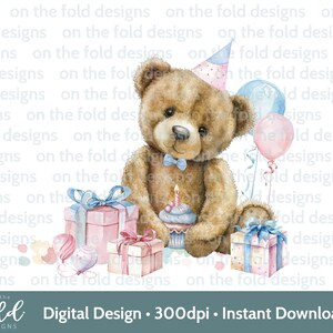 Orsacchiotto, palloncini, 1° compleanno Clipart presenta sublimazione PNG download digitale istantaneo, colori pastello, un design PNG per papillon da ragazzo