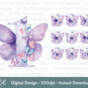 Papillon Clipart anniversaire numéro 1 2 3 4 5 6 7 8 9 10 lilas violet Image PNG Téléchargement instantané Sublimation artisanat carte de gâteau UVDTF