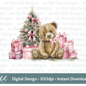 Christmas Teddy, 1e kerst, babyroze, PNG instant digitale clipart download, babykleertjes, kerstkaartontwerp, sublimatie, kaarten maken