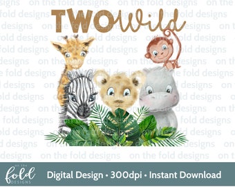 Two Wild Safari animal print 2nd Birthday png transparent clipart, instant download, personalised gift, sublimation gifts, second birthday