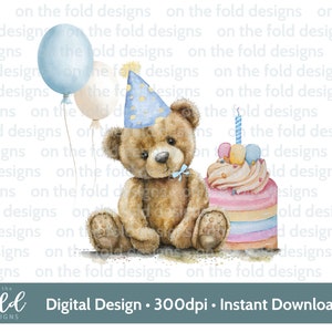 Teddybär, blauer Geburtstagskuchen, 1 Geburtstag, erstes Andenken, transparenter Hintergrund, Sublimationsdesign, digitaler Download