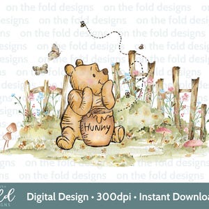 Winnie l'ourson classique Woodland Clipart PNG, image mignonne, fleurs sauvages, téléchargement transparent, sublimation graphique aquarelle Uvdtf Dtf