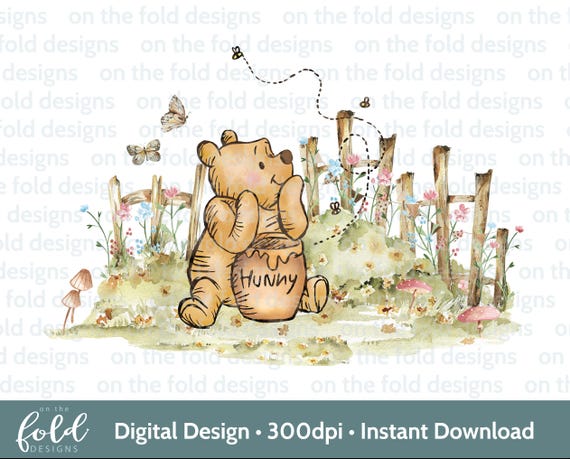 Classic Winnie the Pooh Woodland Clipart Png, Cute image, wild flowers, transparent  download Sublimation print watercolor graphic Uvdtf Dtf