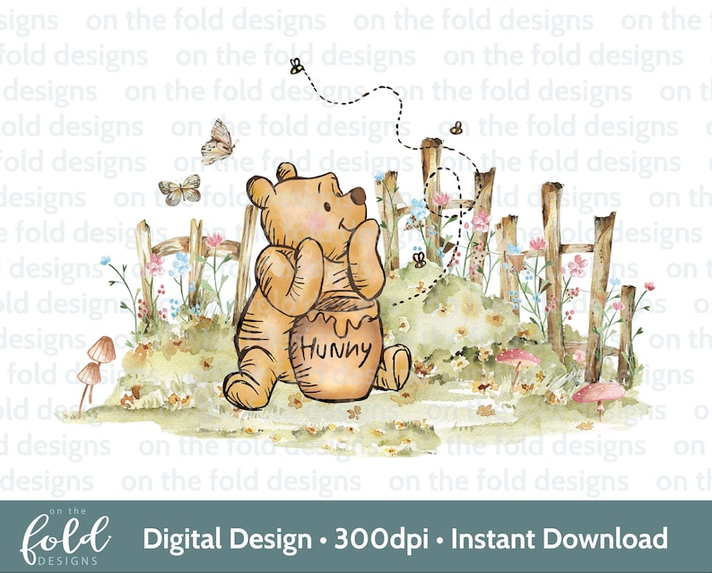 May include: A watercolour illustration of Winnie the Pooh, a honey pot, and a wooden fence. Pooh is standing in a field of flowers and holding a pot of honey that says "Hunny".