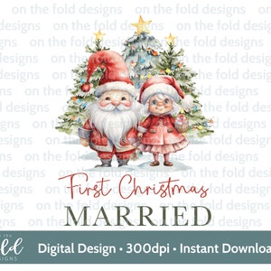 Père Noël et première Noël mariés, hiver boisé, pôle Nord, conception de carte des cliparts PNG Sublimation fabrication de cartes sac de Noël, boule de Noël