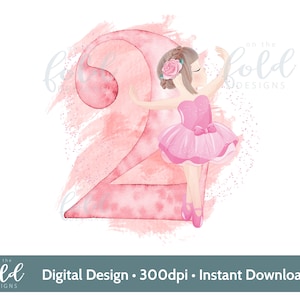 Ballerina 2 Geburtstag braune Haare rosa Sublimationsentwurf PNG digitaler Download