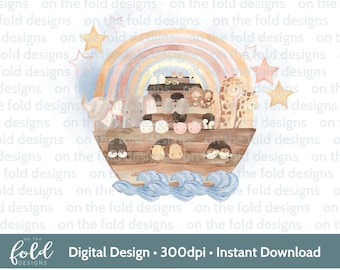 May include: A watercolor illustration of Noah's Ark with a rainbow above it. The ark is filled with animals, including a giraffe, a rhino, and a zebra. The ark is floating on blue waves. The text "on the fold designs" is repeated around the image.