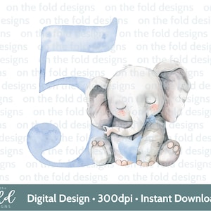 Elefante 5° compleanno Clipart Bow Tie Boy Blue Sublimation PNG download digitale istantaneo, Tshirt, Cake Topper Card Making Party Decor UV DTF