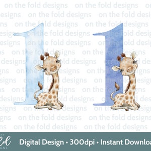 Giraffe 1st Birthday Clipart Boy Blue Sublimation PNG instant digital download Tshirt, Cake Topper Card Making Party Decor Safari UV DTF