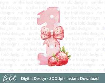May include: Pink watercolor number one with white polka dots and a pink bow. The number is decorated with strawberries.