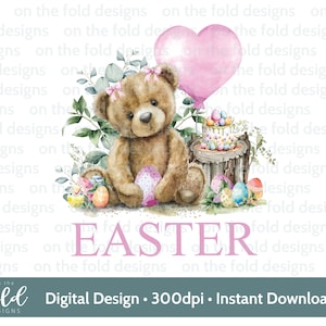Ostern Teddy Clipart 1st Ostern Aquarell PNG Sofortige digitale Clipart Baby Weste Karte rosa Ballon Osterweste Sublimationsdruck UVDTF