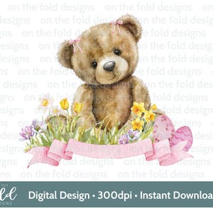 Clipart orsetto di Pasqua, acquerello, PNG, sublimazione, clipart digitale, creazione di biglietti, immagine UV-DTF del gilet per neonati, pigiama di Pasqua, narcisi, tulipani