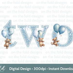 Urso de pelúcia, número 2, balões, 2º aniversário, clipart, PNG de sublimação, download instantâneo, criação de cartão, azul bebê, designs na dobra