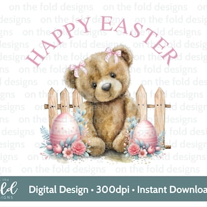 Clipart di Pasqua Teddy 1a Pasqua Acquerello PNG Clipart digitale istantanea Gilet per neonati Scheda Palloncino rosa Gilet di Pasqua Stampa a sublimazione UVDTF