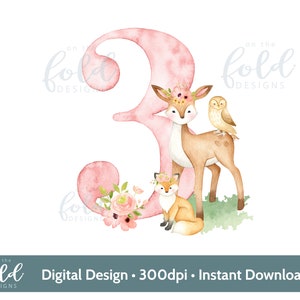 Conception de la forêt, animal des bois pour le 3e anniversaire, cerf, hibou, renard conception de sublimation de composition florale PNG téléchargement numérique instantané