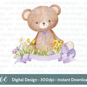 Clipart orsetto di Pasqua, acquerello, PNG, sublimazione, clipart digitale, creazione di biglietti, immagine UV-DTF del gilet per neonati, pigiama di Pasqua, narcisi, tulipani