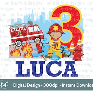Vigile del fuoco, 3° compleanno numero 3, vigile del fuoco, autopompa, Clipart, sublimazione, PNG. Download digitale istantaneo, progettazione di immagini ad acquerello