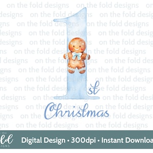 Erste Weihnachten Lebkuchen Clipart, süßes 1. Weihnachten PNG Sofortiges digitales Aquarell, Baby Boy Blau Kartendesign, Sublimation, PJ Weste Lätzchen Druck