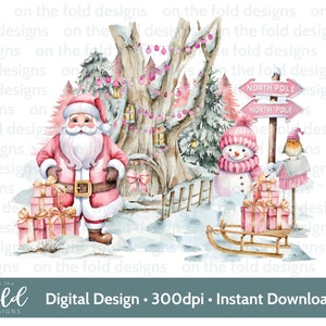 Noël rose au pays des merveilles d'hiver des cliparts Woodland scène Noël PNG Téléchargement instantané sublimation carte conception boule impression pj aquarelle