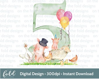 5th birthday farm animal Clipart, sublimation, farmyard fun, birthday printable, png designs, transparent, instant download, card making