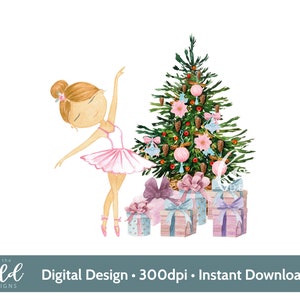 May include: A digital illustration of a ballerina standing in front of a Christmas tree with presents underneath. The ballerina is wearing a pink tutu and has brown hair. The Christmas tree is decorated with pink and blue ornaments. The text "on the fold designs" is written in white on a black background.