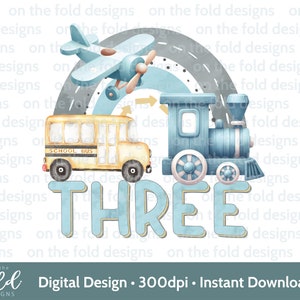 Fahrzeug Clipart, Zug Flugzeug Bus PNG, 3. Transport Geburtstag Sublimation Design digitales Bild Cake Topper T-Shirt Design Pj's UVTDF Design
