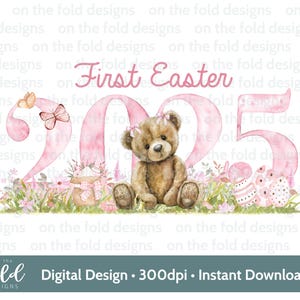 Clipart Pasqua 2025 Orsetto rosa Acquerello PNG Sublimazione Clipart digitale Creazione di biglietti Design gilet per neonati Immagine UV-DTF Design biglietti pigiama