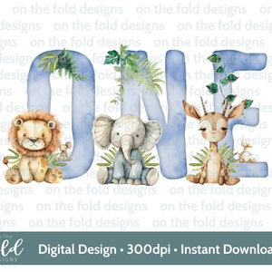Safari blauwe clipart jungle dieren PNG transparante clipart Instant Download personaliseren print 1e verjaardag kaarten geschenken muur kunst Boy One