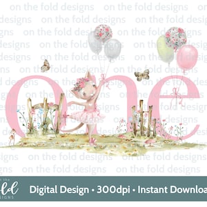 Clipart PNG Instant Download 1er anniversaire Pussy Cat Ballerina un téléchargement immédiat pour sublimation, impression UVDTF, cartes, gilets pour bébé, bavoirs, faire-part