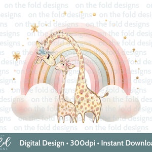 Dia das Mães Girafa Clipart Múmia + Bebê Rosa Arco-íris Sublimação Impressão UVDTF DTG Imagem PNG Design Gráfico Papai e Filha Urso de Pelúcia Fofo