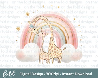 Mothers Day Giraffe Clipart Mummyy + Baby Pink Rainbow Sublimation Print UVDTF DTG Image PNG Design Graphic Daddy & Daughter Cute Teddy